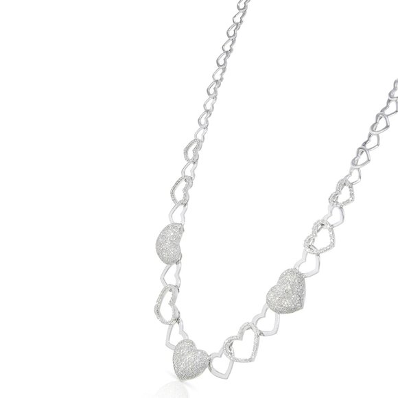 Pave Round Cut Diamond Heart Link Necklace 14K White Gold 2.50Cttw 17 Inches - Picture 4 of 4
